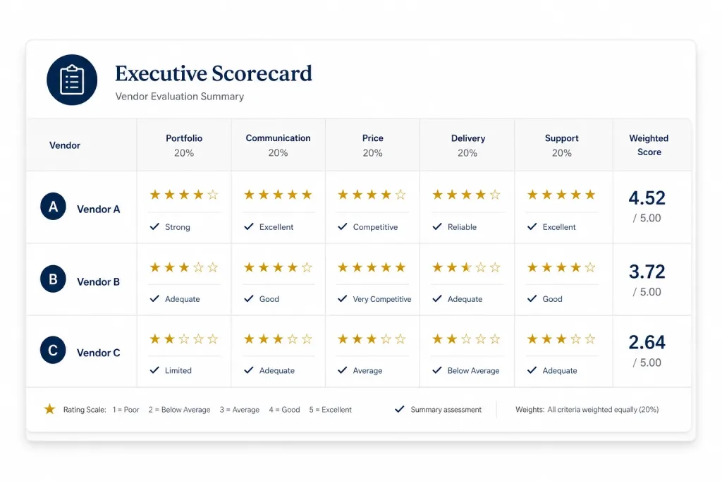 Scorecard Comparing Three Dubi App Vendors On Portfolio, Process, And Support